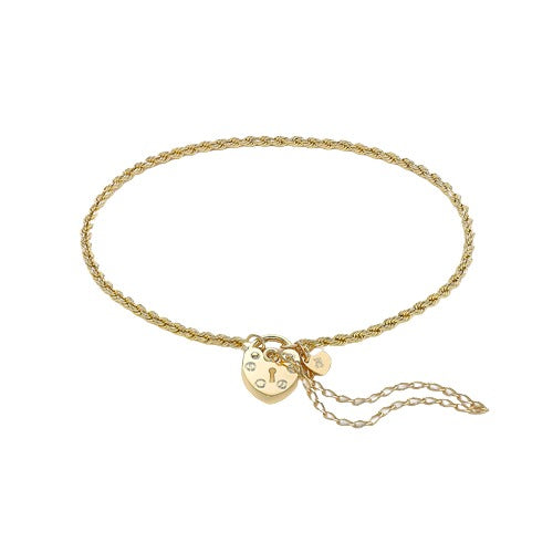 9ct Gold Rope Chain Heart Padlock 19cm Bracelet