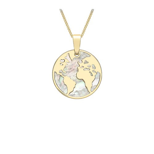 9ct Gold Mother of Pearl 18.5mm x 24.5mm "World Map" Disc Pendant Necklace