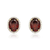 9ct Gold Oval 3.03ct Garnet & 0.16ct Diamond Stud Earrings