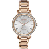 Citizen Silhouette Crystal Eco-Drive Rose Gold Steel Silver Dial 36mm Watch FE7043-55A