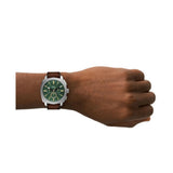 Fossil Machine Quartz Green Dial Brown Leather Strap 44m Watch FS6100
