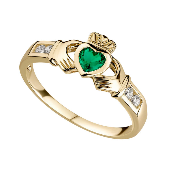 9ct Gold Emerald and Cubic Zirconia Claddagh Ring