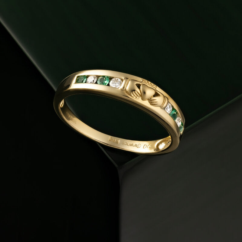 14ct Gold 0.15ct Diamond and Emerald Claddagh Eternity Ring