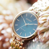 Citizen Eco-Drive Silhouette Rose Gold Steel Green Dial 28mm Ladies Watch EM0993-8ZZ