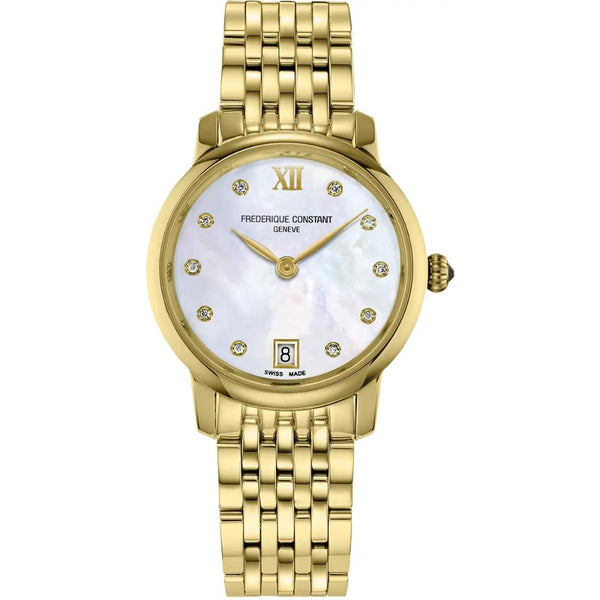 Frederique Constant Slimline Gold Bracelet White Mother of Pearl Dial 30mm Diamond Watch FC-220MPWD1S25B