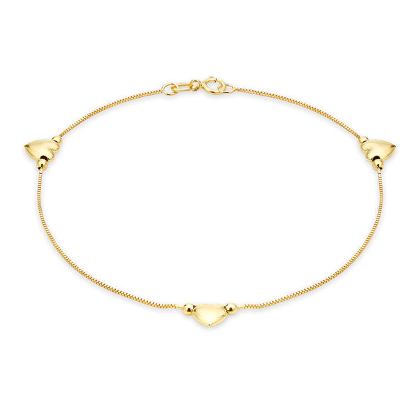 9ct Gold 3 Hearts Charm 26cm Box Chain Anklet
