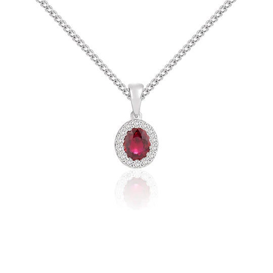18ct White Gold Oval Ruby & Diamond 5mm x 4mm Cluster Pendant Necklace