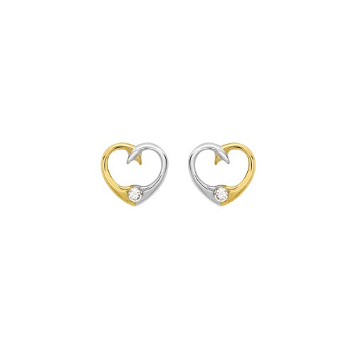 9ct 2 Tone 9mm Cubic Zirconia 9mm x 8mm Heart Stud Earrings
