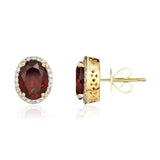 9ct Gold Oval 3.03ct Garnet & 0.16ct Diamond Stud Earrings