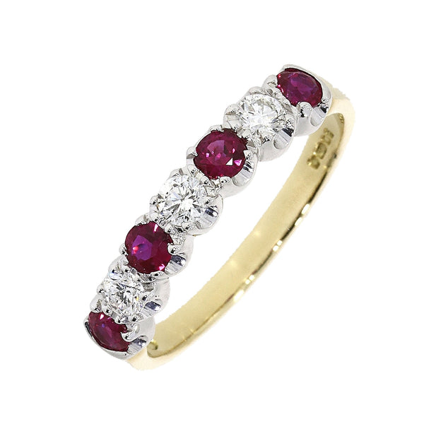 18ct Gold 0.52ct Ruby and 0.24ct Diamond Seven Stones Ring