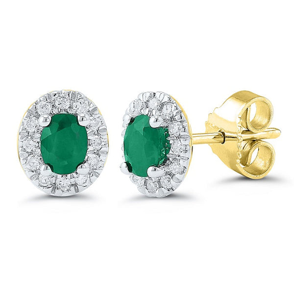 9ct Gold 0.26ct Diamond and 6mm x 4mm Oval Emerald Cluster Earrings