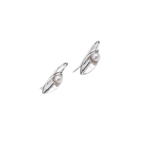 Martina Hamilton Leaf and Pearl Silver Drop Small Earrings