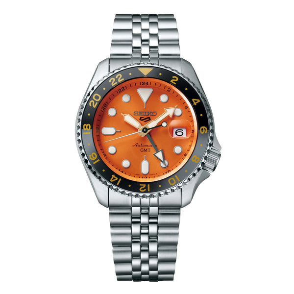 Seiko 5 Sports Automatic GMT Silver Steel Orange Dial 42.5mm Watch SSK005K1