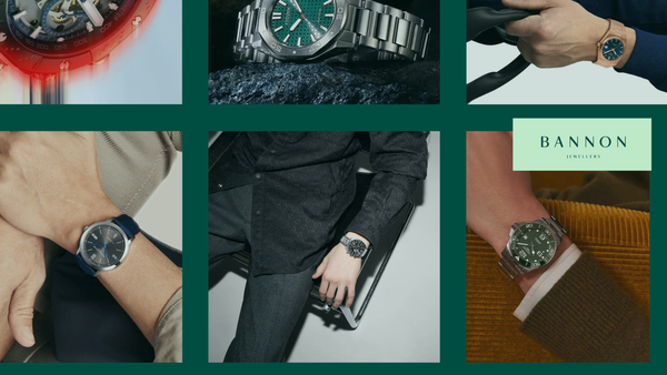 Best watch brands for men blog cover photo with branded photos of watches including Gucci, Tissot, Citizen, and other watches on a green background. 