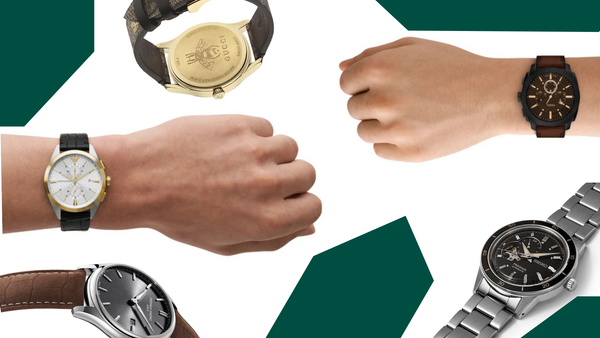 Graphic with multiple mens watches from different brands sprawled across to illustrate choosing the best watch brands for men.