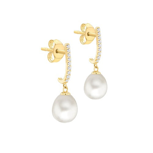 9ct Gold 6mm Freshwater Pearl Cubic Zirconia Drop Stud Earrings