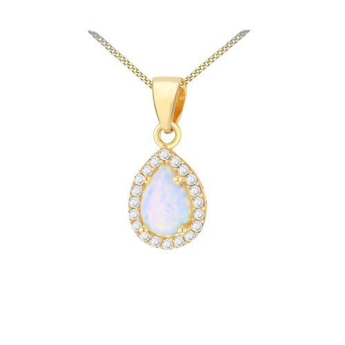 9ct Gold Cubic Zirconia Teardrop Opal Halo Pendant Necklace