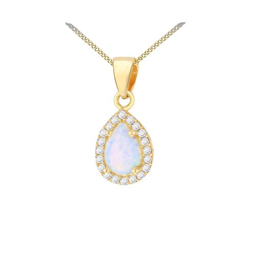 9ct Gold Cubic Zirconia Teardrop Opal Halo Necklace