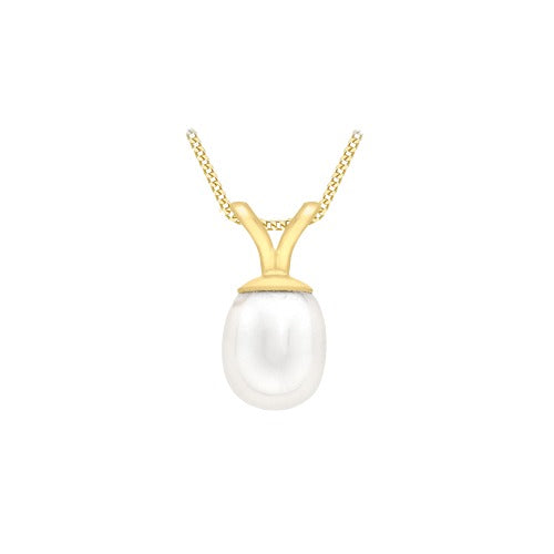 9ct Gold 5mm x 11mm Cultured Freshwater Pearl Pendant Necklace
