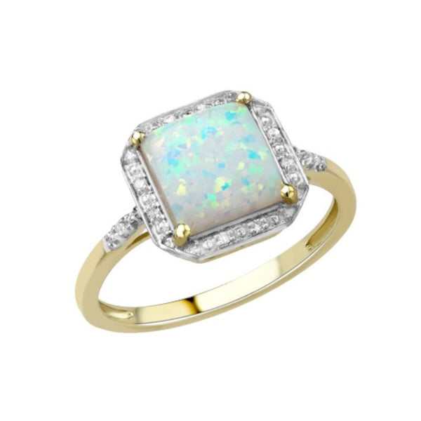 9ct Gold Diamond and Opal Square Halo Ring