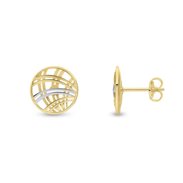 9ct Two Tone Gold Round Latticework Stud Earrings