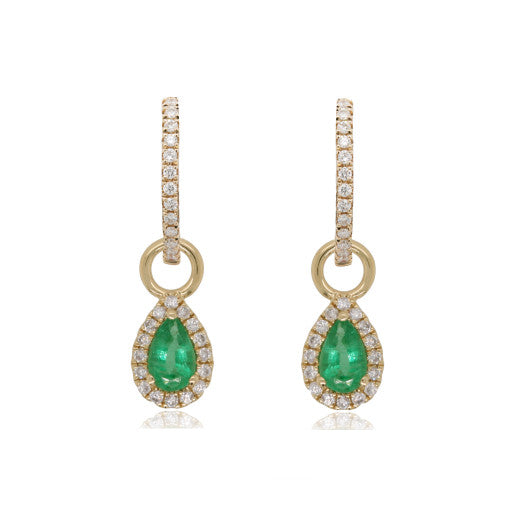9ct Gold 0.22ct Diamond Hoop & Pear Emerald Drop Earrings