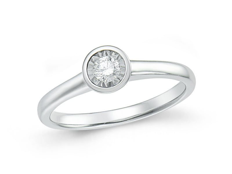 9ct White Gold Rub Over Solitaire 0.11ct Diamond Ring