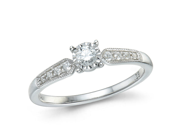 9ct White Gold Solitaire & Millgrain Channel Diamond Ring