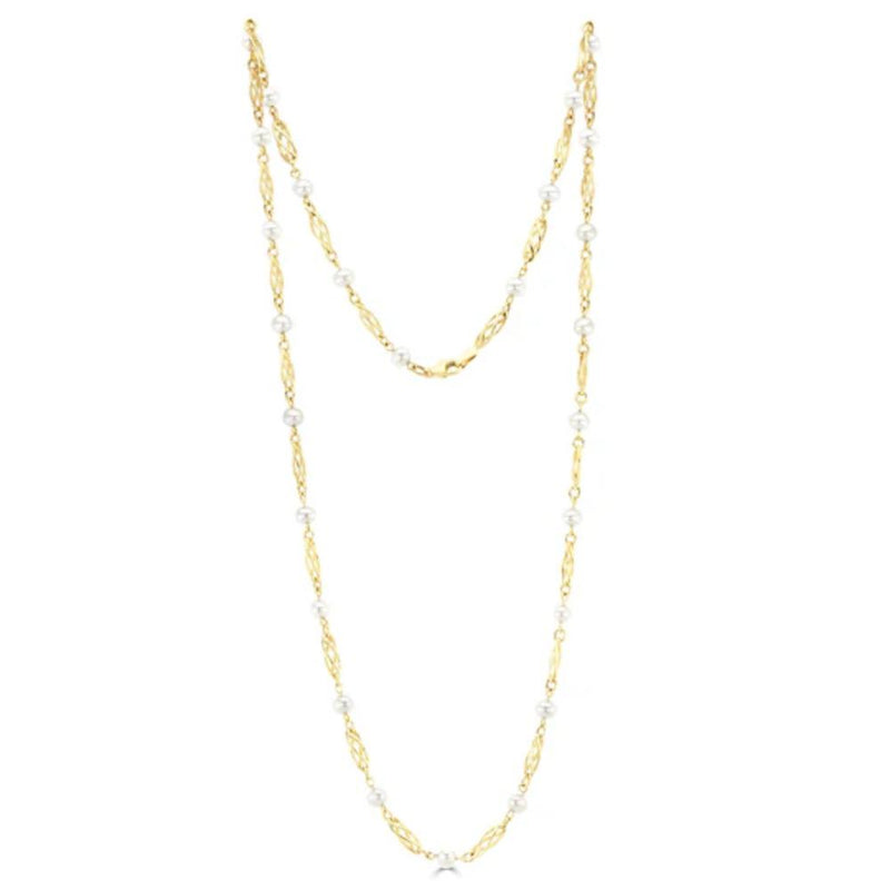 9ct Gold Cutlured Freshwater Pearl & Open Twist Marquis Necklace 24"