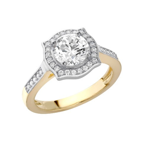 9ct Yellow and White Gold Cubic Zirconia Halo Ring