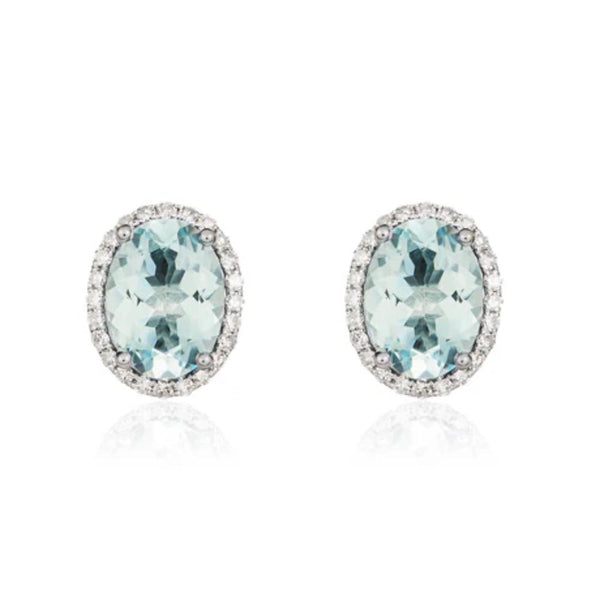 9ct White Gold Diamond & Aquamarine Stud Earrings