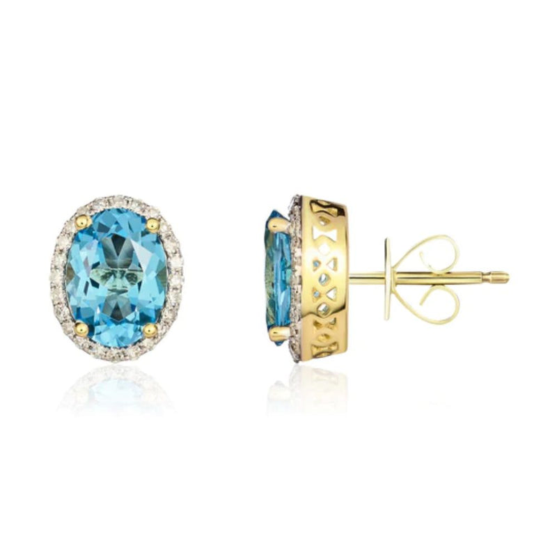 9ct Gold Oval 2.41ct Blue Topaz & 0.19ct Diamond Stud Earrings