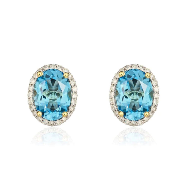 9ct Gold Oval 2.41ct Blue Topaz & 0.19ct Diamond Stud Earrings