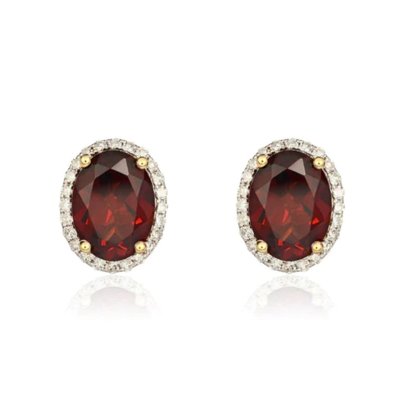 9ct Gold Oval 3.03ct Garnet & 0.16ct Diamond Stud Earrings