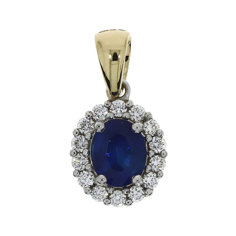 18ct Gold Oval 0.72ct Sapphire & 0.20ct Diamond Cluster Pendant Necklace