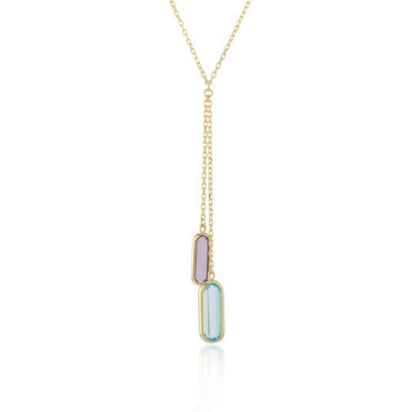 9ct Gold Lozenge Cut Amethyst & Blue Topaz Necklace