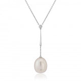 9ct White Gold Oval Pearl and 0.02ct Diamond Necklace