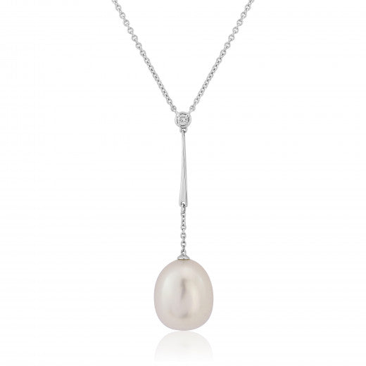 9ct White Gold Oval Pearl and 0.02ct Diamond Necklace