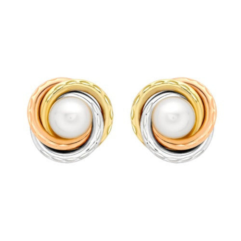 9ct Three Tone Gold Cultured Pearl Knot Stud Earrings