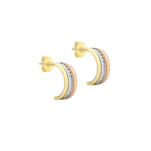 9ct Three Tone Gold Cubic Zirconia Half-Hoop Earrings