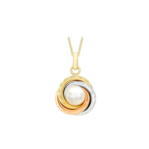 9ct Three Tone Gold 6mm Diamond Cut Knot & Cultured Pearl Necklace
