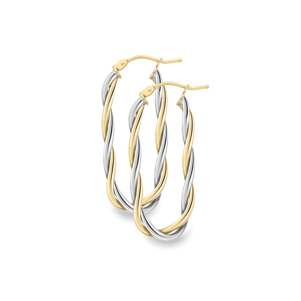 9ct Two Tone Gold Elongated Hoop Earrings