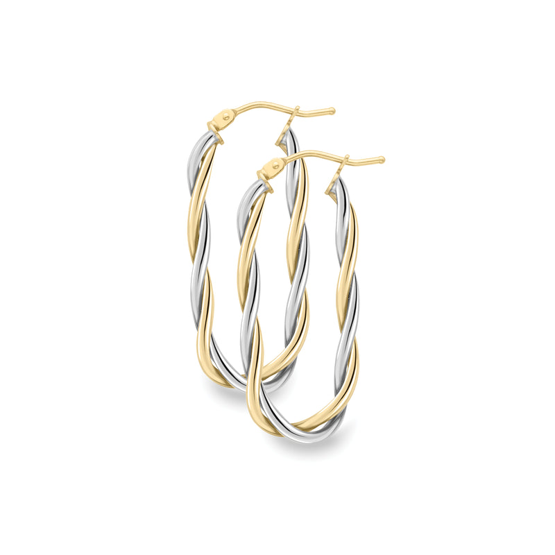 9ct Two Tone Gold Elongated Hoop Earrings