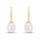 9ct Gold Curved Bar Freshwater Pearl Drop Earrings