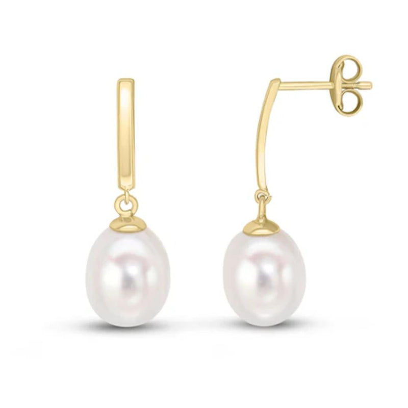 9ct Gold Curved Bar Freshwater Pearl Drop Earrings