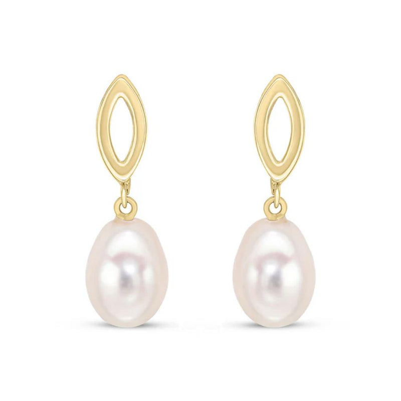 9ct Gold Marquise Top Cultured Pearl Drop Earrings
