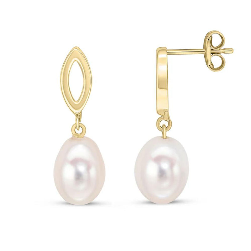 9ct Gold Marquise Top Cultured Pearl Drop Earrings