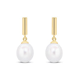 9ct Gold Cylinder Bar Freshwater Pearl Drop Earrings
