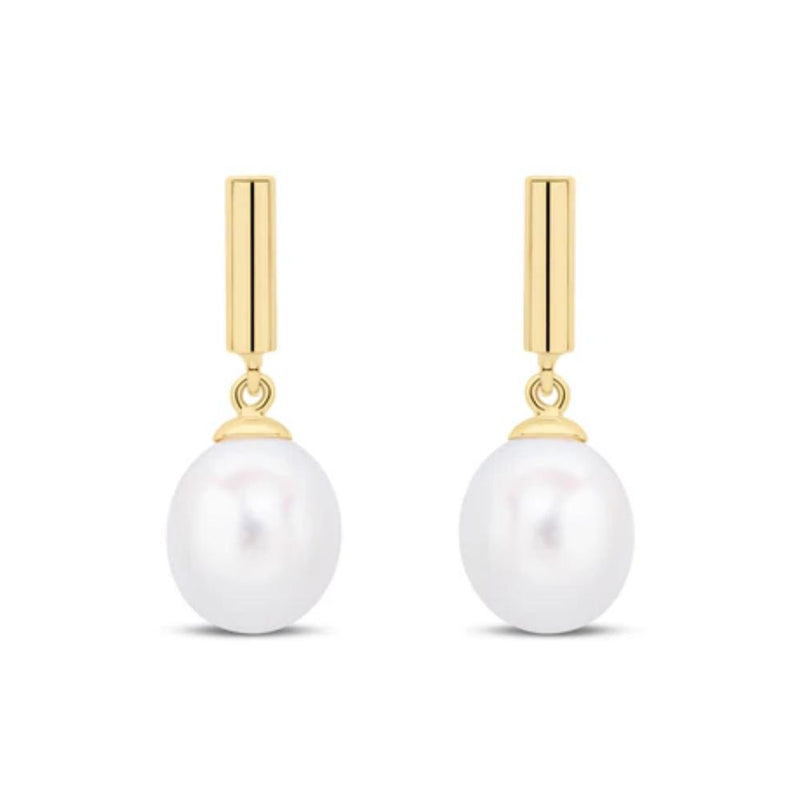 9ct Gold Cylinder Bar Freshwater Pearl Drop Earrings