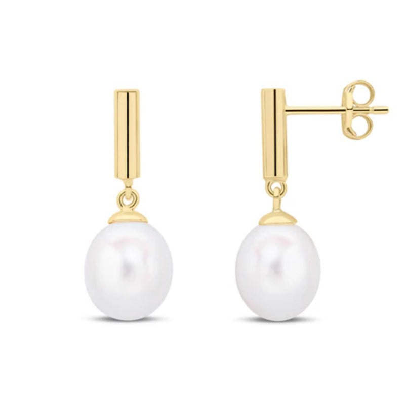 9ct Gold Cylinder Bar Freshwater Pearl Drop Earrings